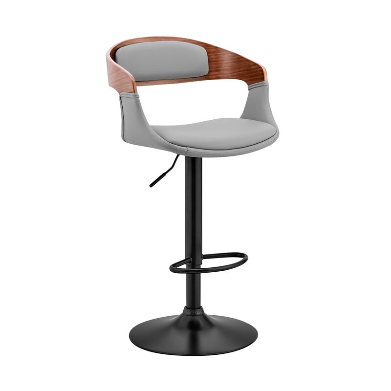 Benson Adjustable Gray Faux Leather and Walnut Wood Stool with Black Base