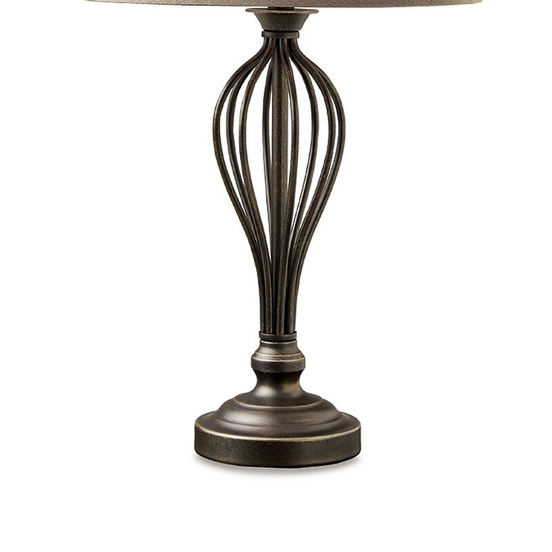 Table Lamp Set of 2, Curved Wired Bronze Base w Beige Fabric Shade - Benzara