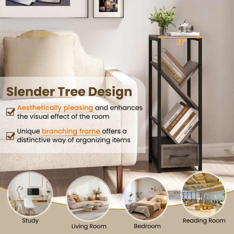 4 Tier Floor Tree Bookshelf with Drawer and Metal Frame