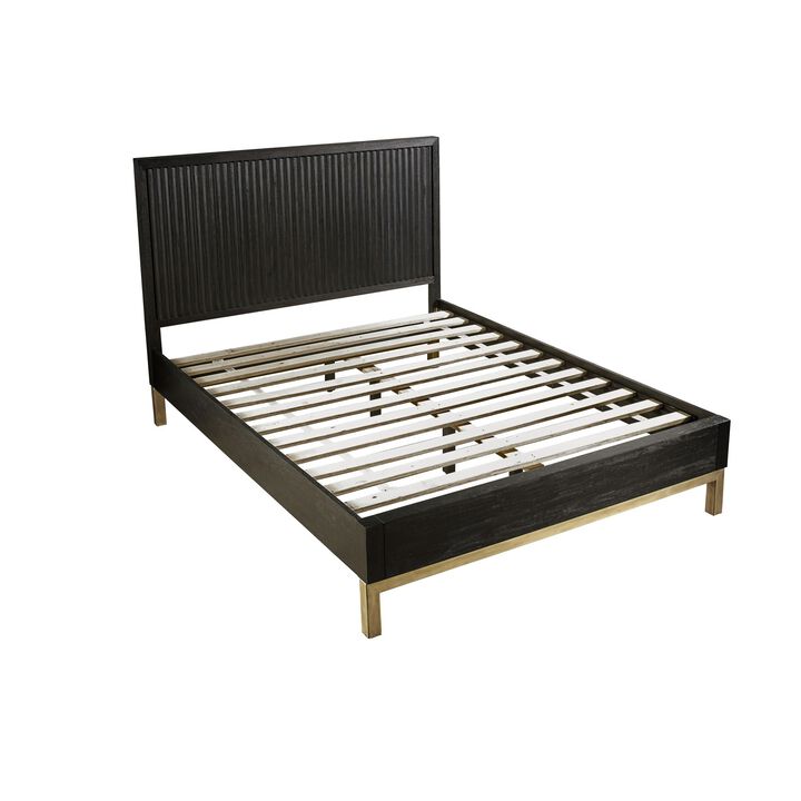 Carl California King Platform Bed, Lined Ribbed Panel Headboard, Black - Benzara