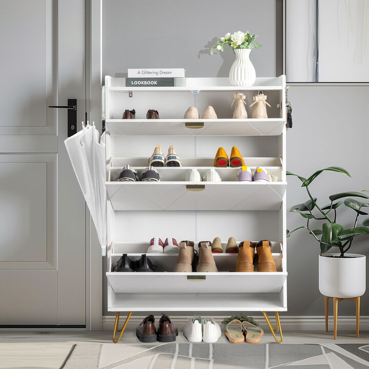 Elegant Entryway Shoe Cabinet, V-Carved Doors with 2 Drawers & Flip-Top Storage