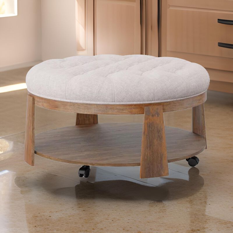 Gus 41 Inch Ottoman Coffee Table, Button Tufted Beige Fabric, Brown Wood - Benzara