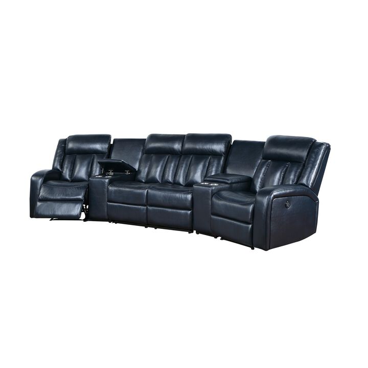 Max 5 Piece Manual Recliner Sectional Set, Vegan Faux Leather, Navy Blue-Benzara
