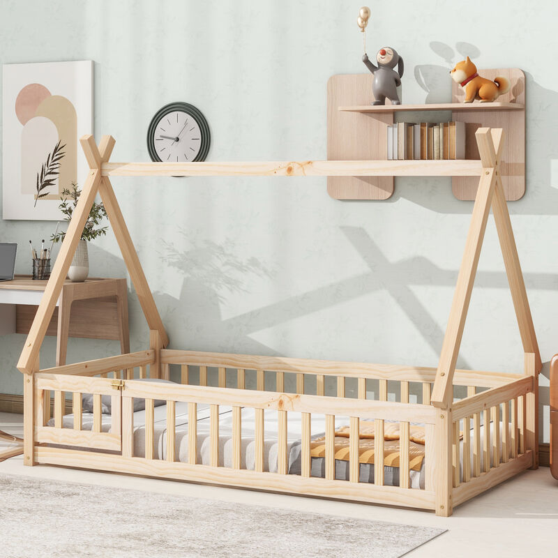 Twin Tentshaped Floor Bed, With Guardrails, Slats, Door, Natural