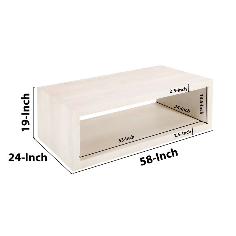 Keli Coffee Table, 58 Inch Minimalist Open Frame, Rustic Washed White Mango Wood