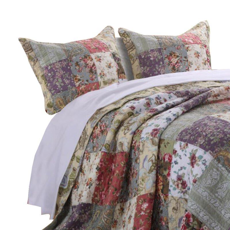 Chicago 3 Piece Fabric King Bedspread Set with Jacobean Prints, Multicolor - Benzara