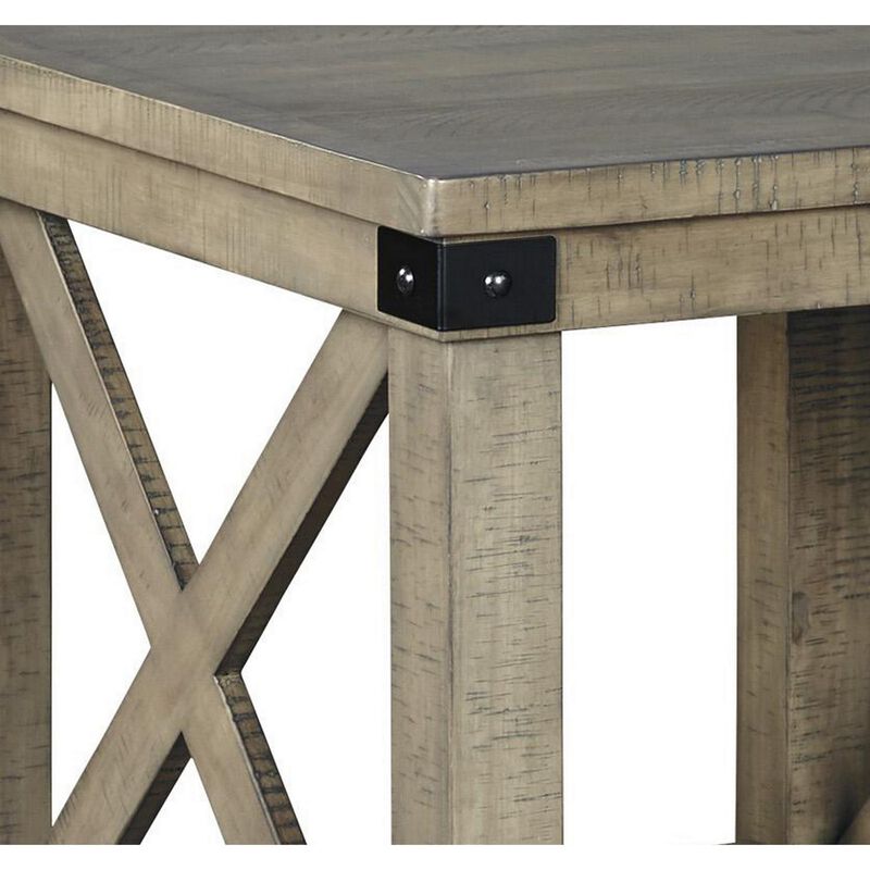 Farmhouse Style End Table with X Shaped Sides and Open Bottom Shelf, Gray-Benzara