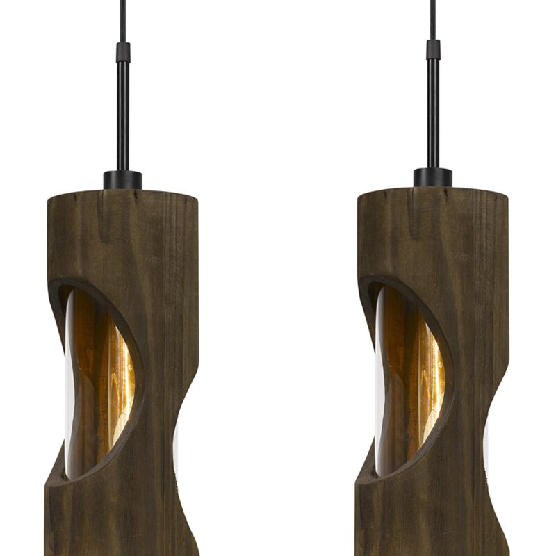 4 Light Metal Frame Pendant Fixture with Wooden and Glass Shades, Brown - Benzara