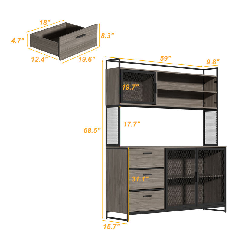 59 in. W Kitchen Light Brown Wood Buffet Sideboard Pantry Cabinet For Dining Room with Metal Mesh Doors, 3-Drawers