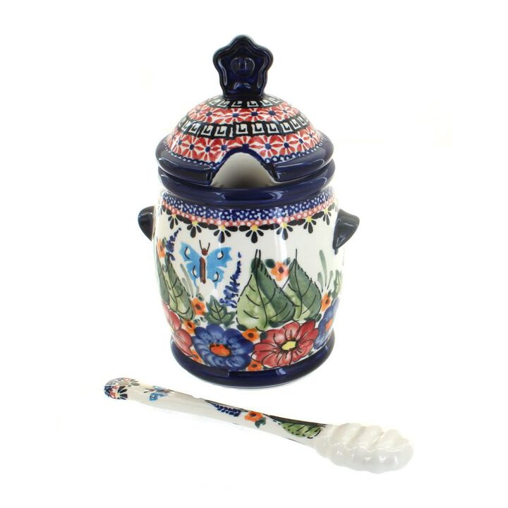 Blue Rose Polish Pottery Flowering Peacock Honey Pot and Dipper