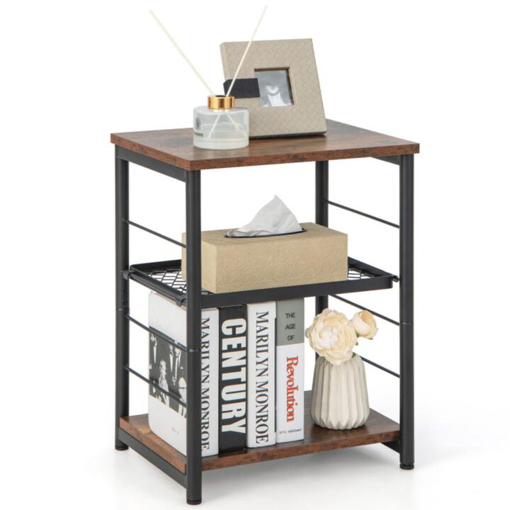 Hivvago 3-Tier Industrial Side Table with Adjustable Mesh Shelf-Rustic Brown