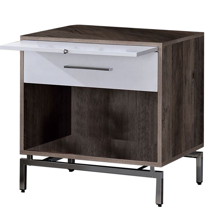 Wooden Accent Table with Open Storage and Pull Out Tray, Brown and White-Benzara