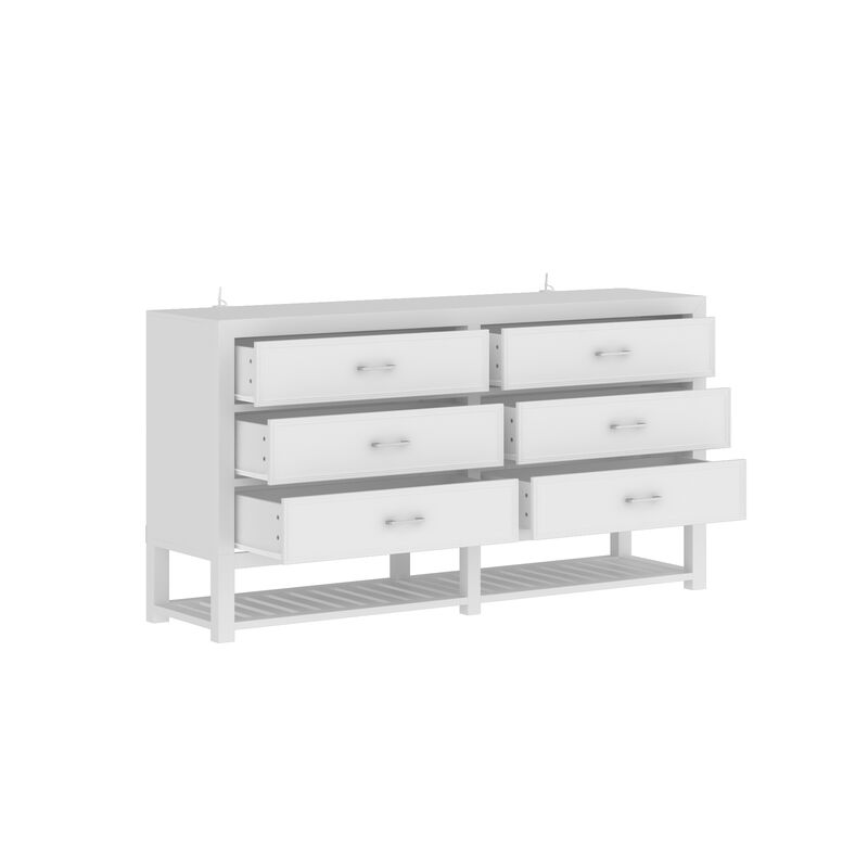 FUFU&GAGA Modern White 6-Drawer Dresser with Open Storage Shelf,（63” W x 15.7” D x 33.1” H), White