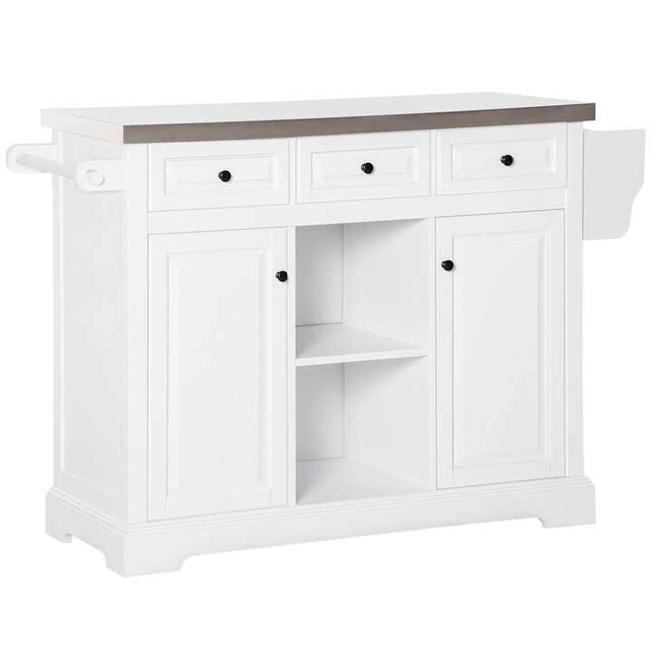 White Wheeled Prep Station: Mobile Kitchen Island with Steel Top & Spice Rack