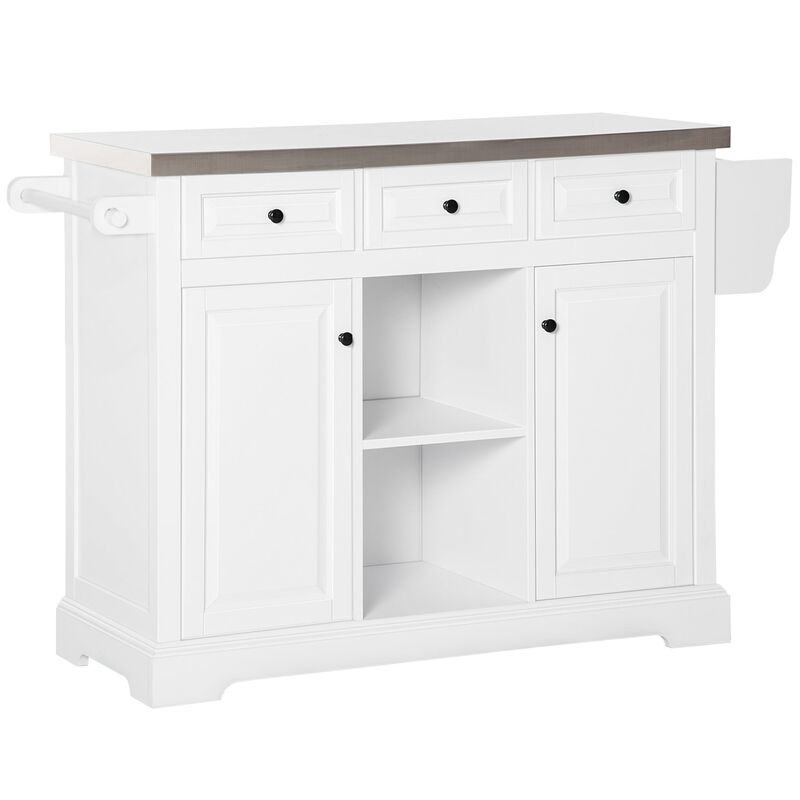 White Wheeled Prep Station: Mobile Kitchen Island with Steel Top & Spice Rack