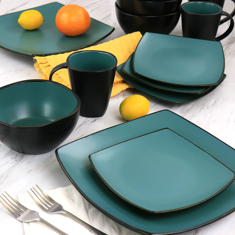 Gibson Elite Soho Lounge 16 Piece Matte Glaze Square Dinnerware Set in Teal