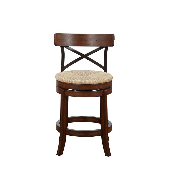 Mia 24 Inch Swivel Counter Stool, Crossed Metal Back, Sedge Seat, Brown-Benzara
