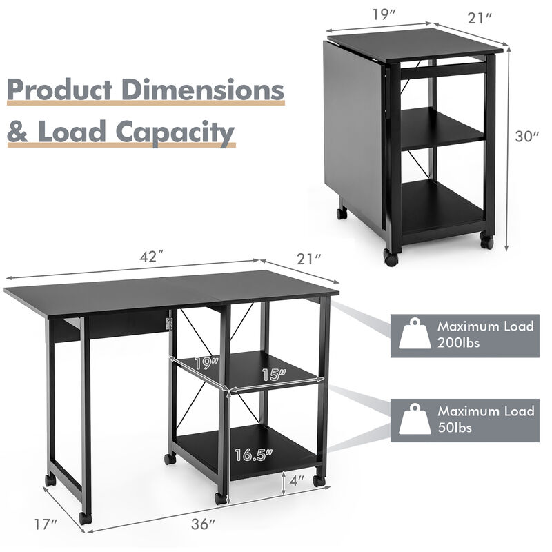 Costway Rolling Computer Desk Folding Writing Office Desk Storage Shelves Black