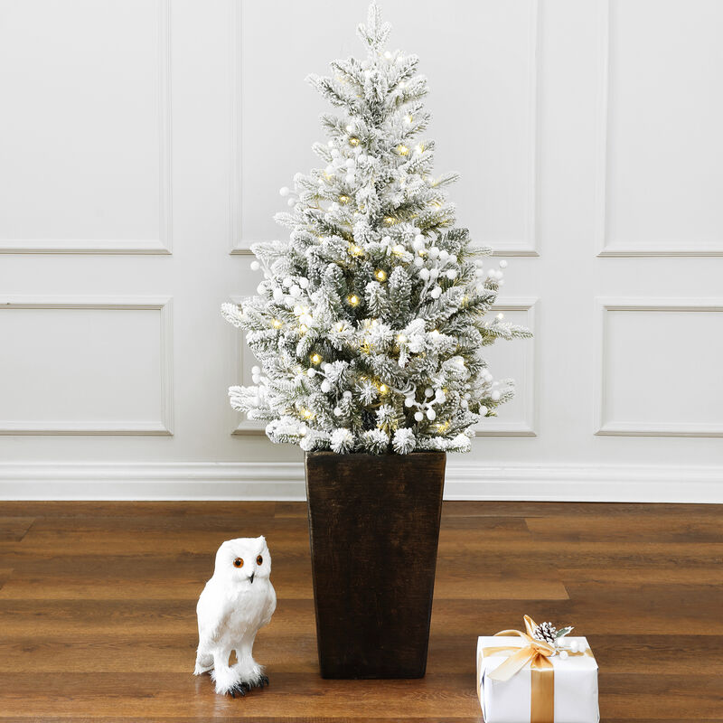LuxenHome 4Ft Pre-Lit Flocked Artificial Tree in Tall Pot