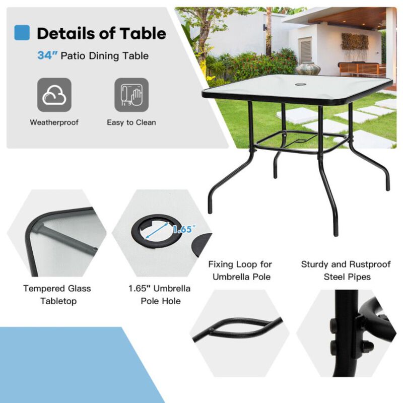 Hivvago 35 Inch Patio Dining Square Tempered Glass Table with Umbrella Hole