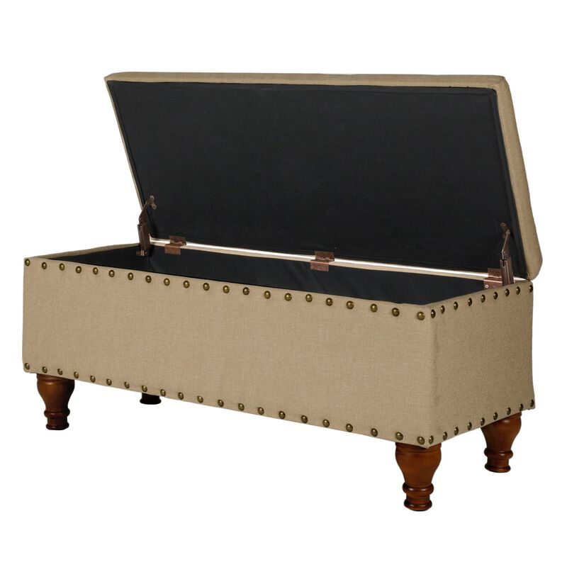 Fabric Upholstered Wooden Storage Bench With Nail head Trim, Large, Tan Brown - Benzara