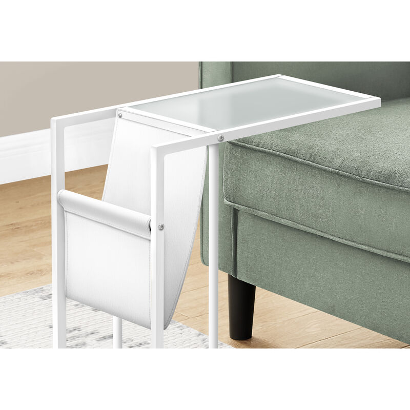 Monarch Specialties I 3067 Accent Table, C-shaped, End, Side, Snack, Magazine Storage, Living Room, Bedroom, Metal, Pu Leather Look, Tempered Glass, White, Contemporary, Modern