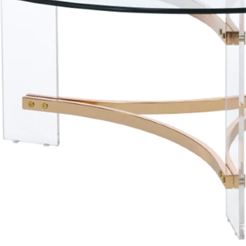 Hale 41 Inch Round Coffee Table, Glass Top, Acrylic Legs, Clear, Gold-Benzara