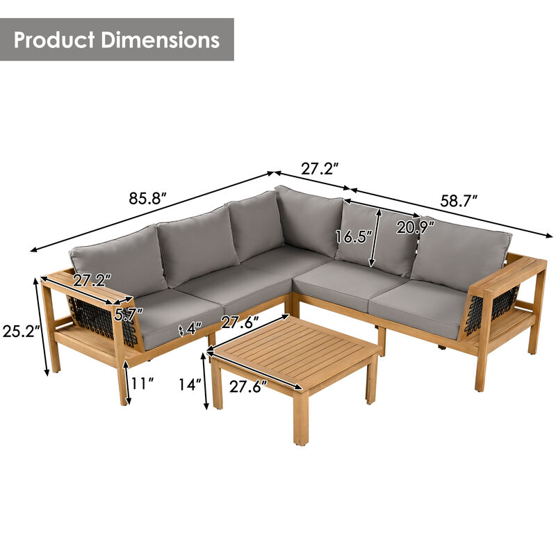 Whisen 4-Piece Acacia Wood Outdoor L-Shaped Sofa Set with Woven Mesh Armrests and Coffee Table