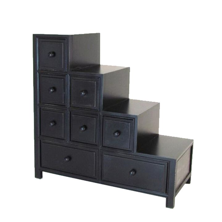 Wooden Frame Reversible Step Chest with 8 Drawers, Antique Black-Benzara