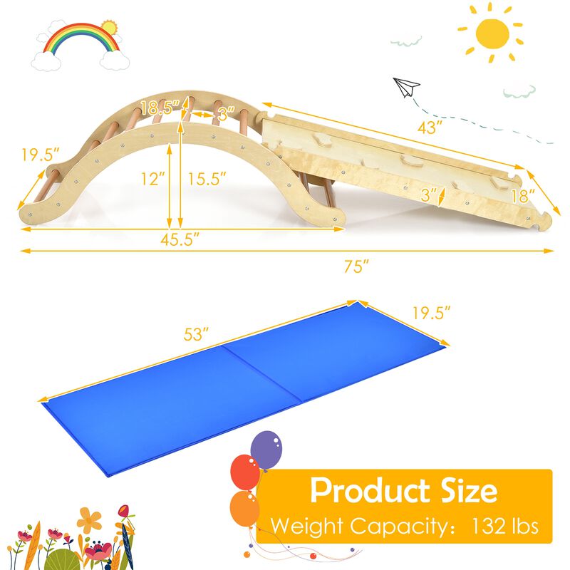 3-in-1 Kids Climber Set Wooden Arch Triangle Rocker with Ramp and Mat
