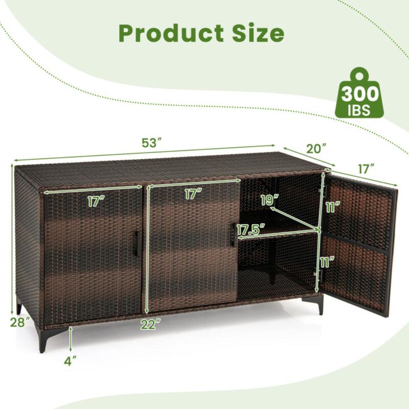 Hivvago 84 Gallon Patio Wicker Deck Box 3-Door PE Rattan Storage Container with Removable Shelves