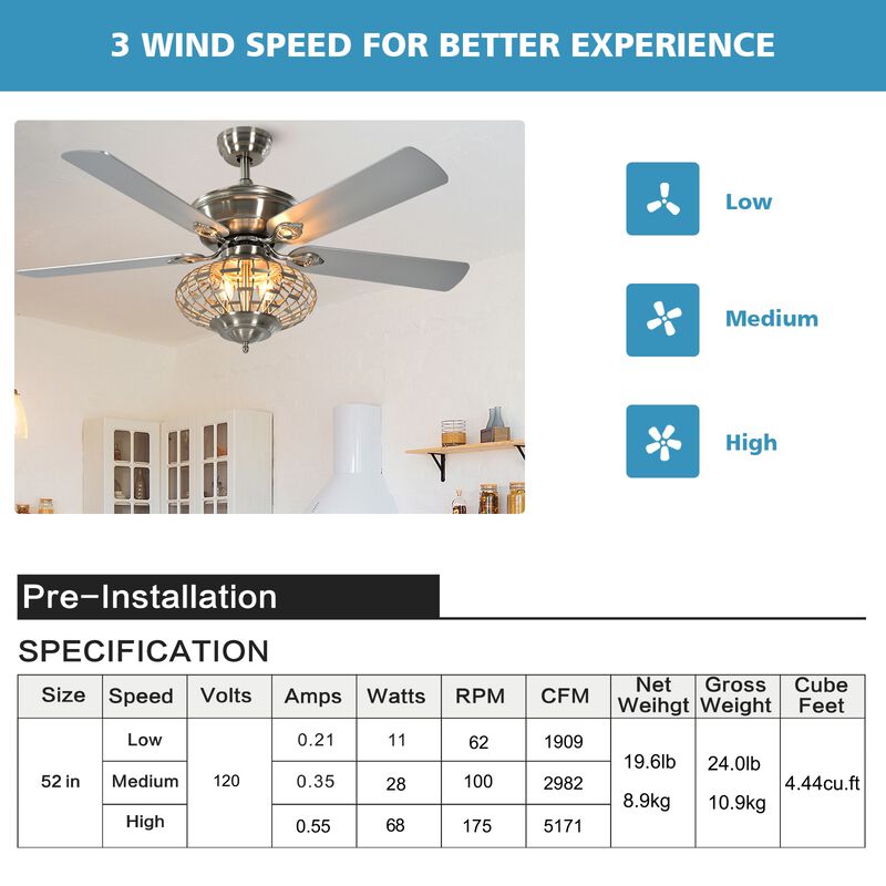52 Inches Ceiling Fan with Wooden Blades and Remote Control-Silver