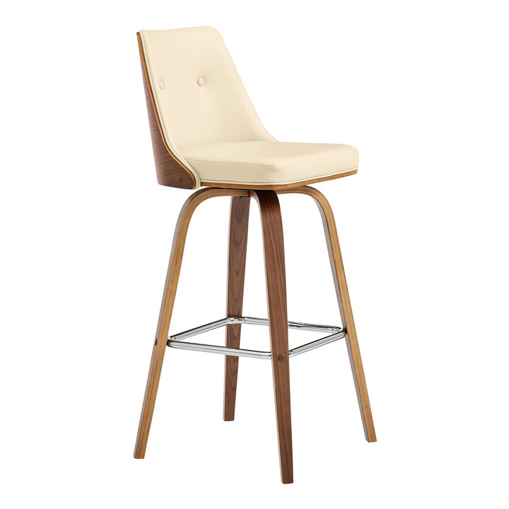 Nolte Swivel Bar Stool in Cream Faux Leather and Walnut Wood