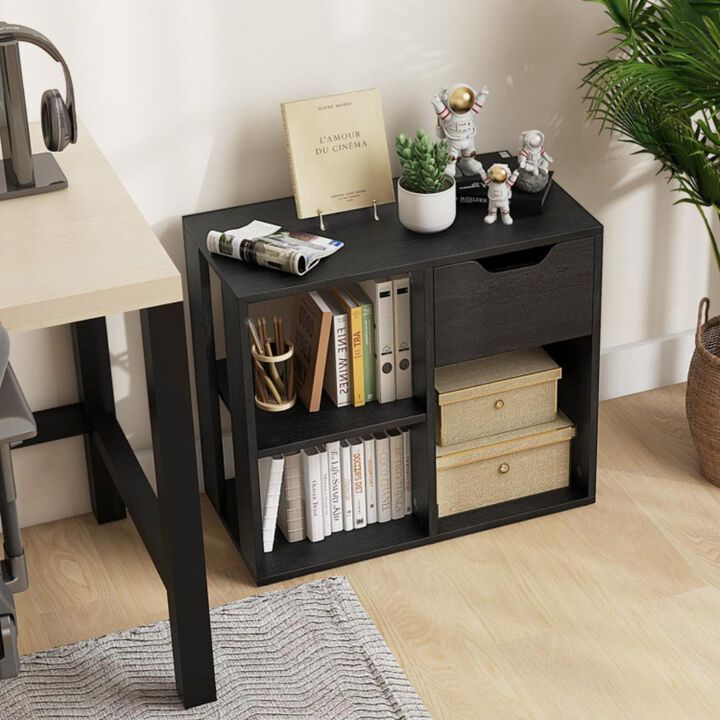 Hivvago 3-Cube Bookcase 2-tier Wooden Storage Shelf with Pull-out Drawer