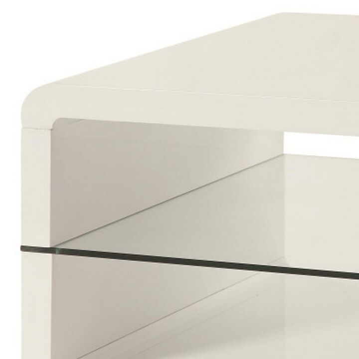 Modern Coffee Table With Rounded Corners & Clear Tempered Glass Shelf, White-Benzara