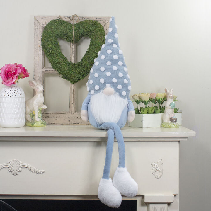 34" Blue and White Sitting Spring Gnome Figure with a Polka Dot Hat and Legs