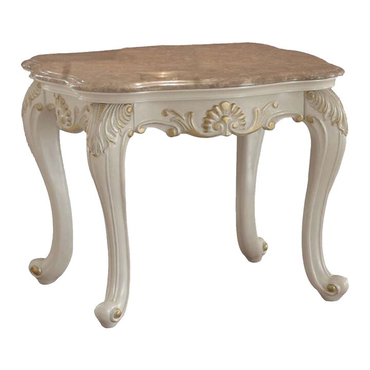 Wooden End Table With Marble Top, Pearl White-Benzara