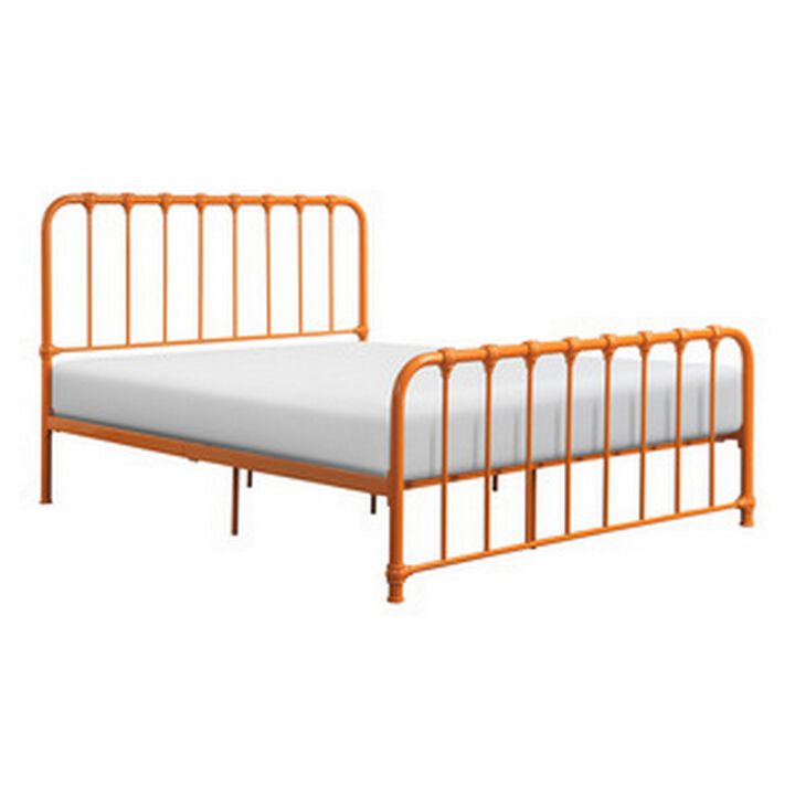 Ethan Queen Size Bed, Classic Open Slatted Metal Frame Design, Orange - Benzara