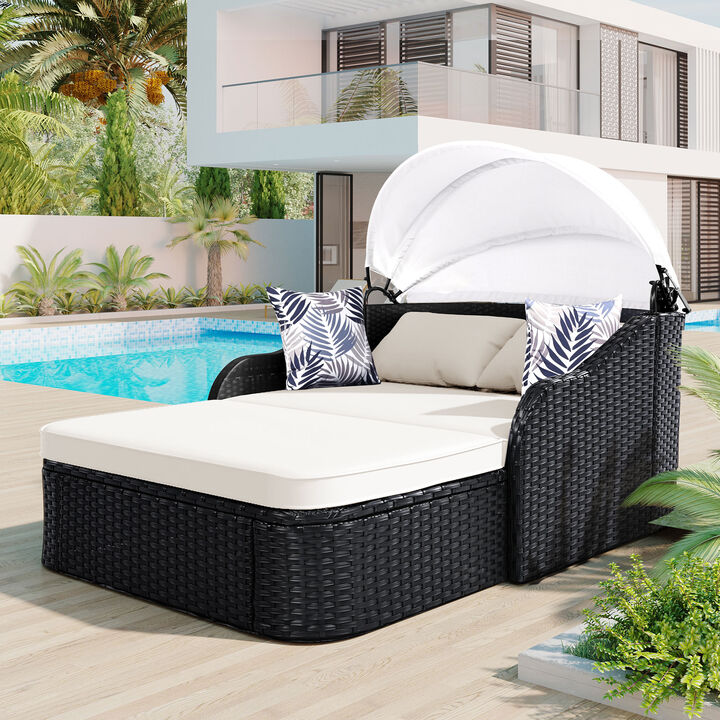 Whisen Outdoor Sunbed with Adjustable Canopy, Double lounge, PE Rattan Daybed