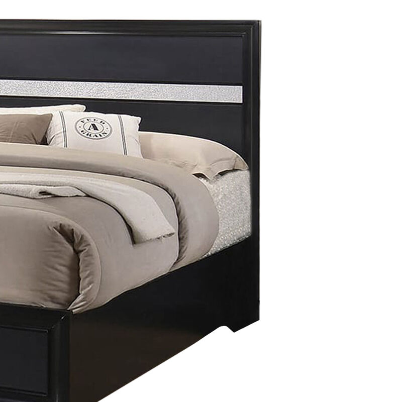 Wooden Eastern King Size Bed with 2 Storage Drawers, Black and Silver-Benzara