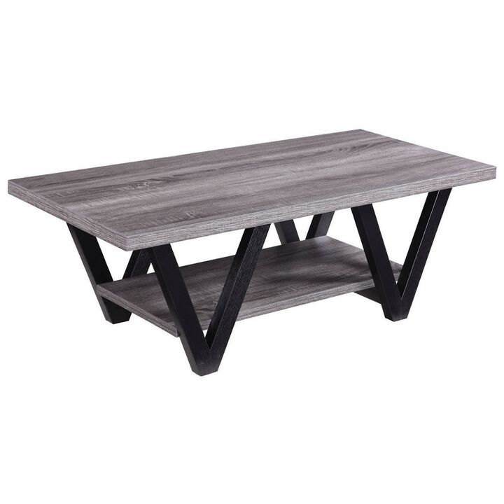 Zigzag Contemporary Solid Wooden Coffee Table With Bottom Shelf, Gray And Black-Benzara