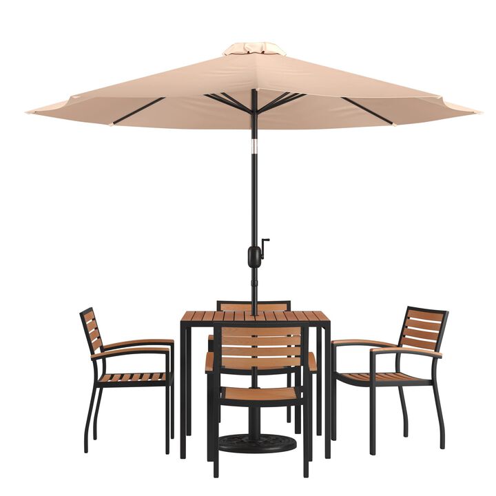 Flash Furniture Lark 7 Piece Outdoor Patio Dining Table Set - 4 Synthetic Teak Stackable Chairs with Arms - 35" Square Table - Red Umbrella with Base