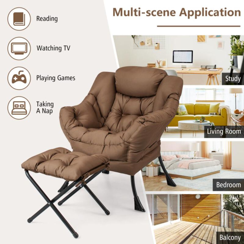 Hivvago Modern Accent Sofa Chair with Folding Footrest and Side Pocket-Brown
