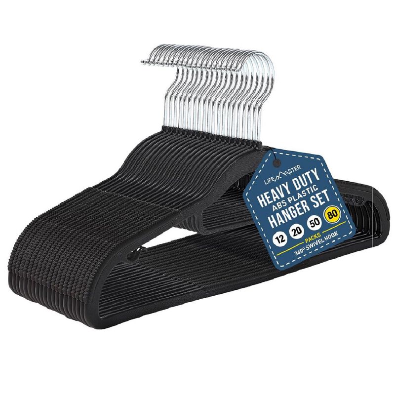 Versatile Clothes Hanger Set - 80 Pieces Space-Saving Dry and Wet Clothes Hanger Set with 360° Swivel Hook and Non-Slip Rubber Design - Black