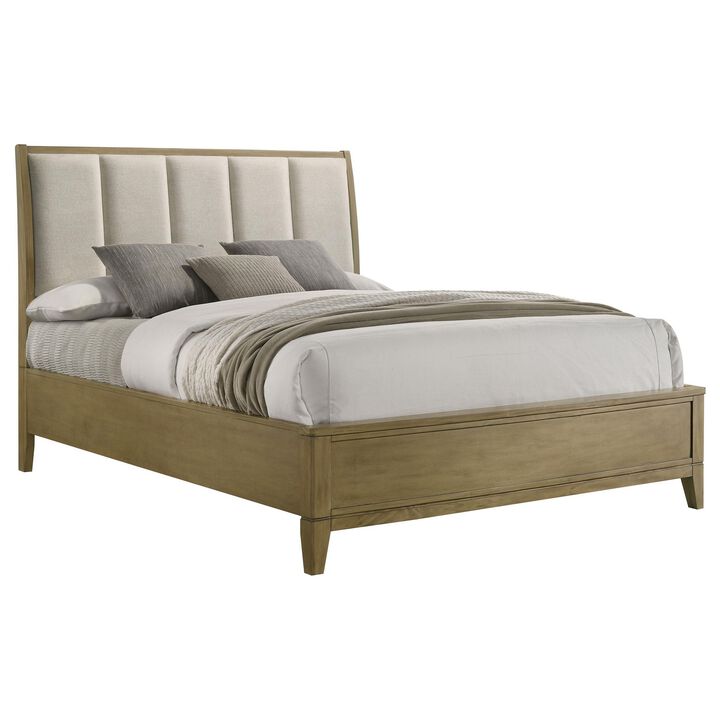 Heon California King Bed, Block Panel Headboard, Ivory Upholstery - Benzara