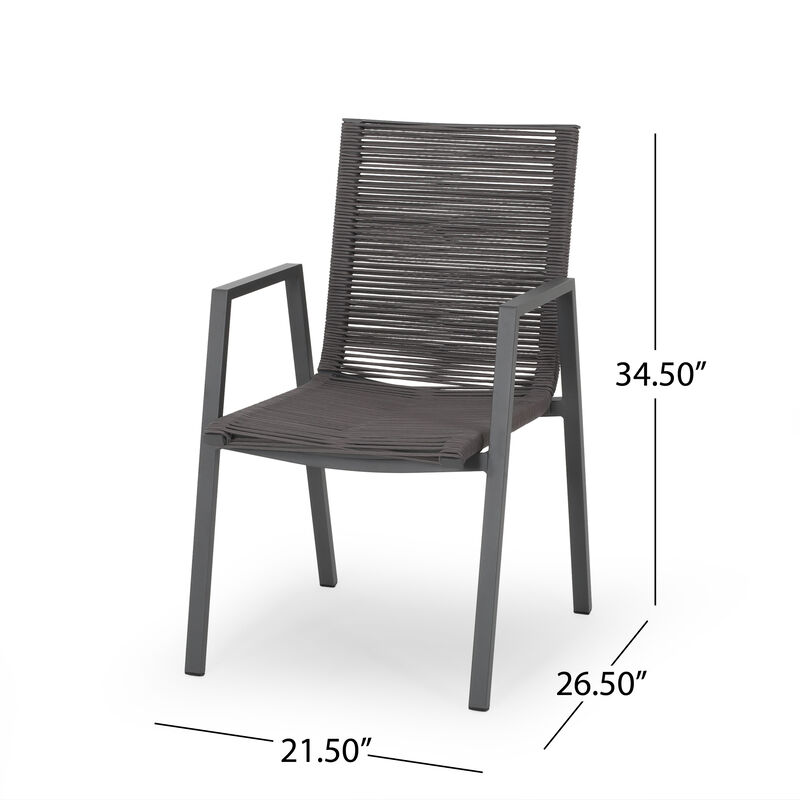 Teny Outdoor Dining Chair Set of 2, Dark Gray Metal. Woven Rope Seat Back - Benzara