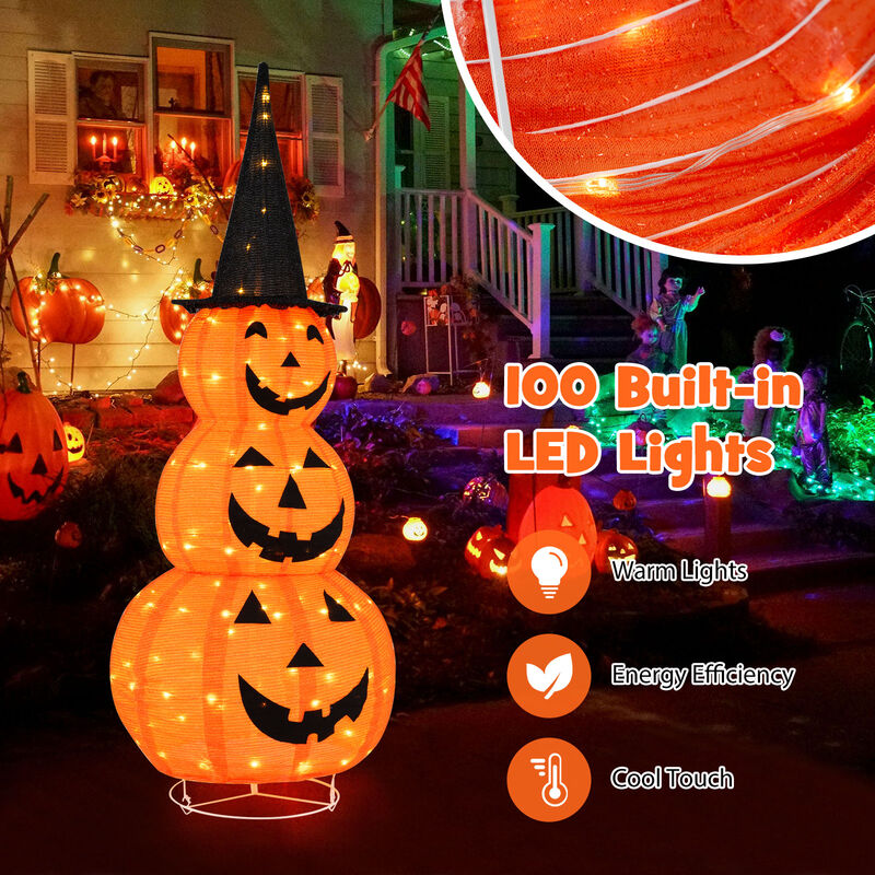 Lighted Stacked Pumpkins Halloween Decoration with Witch Hat