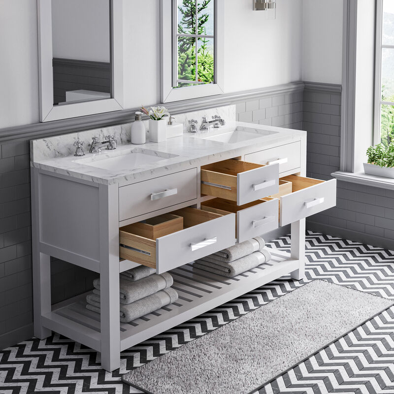 Madalyn 60 In. Double Sink Carrara White Marble Countertop Bath Vanity in Pure White
