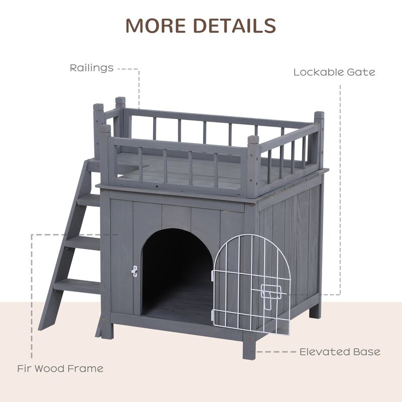 Grey Cat Castle: 2-Level Wooden Outdoor Shelter with Balcony