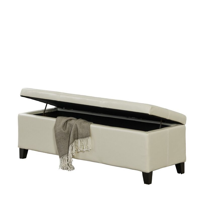 Elias Storage Ottoman Bench, Detailed Ivory Faux Leather, 51 Inch -Benzara